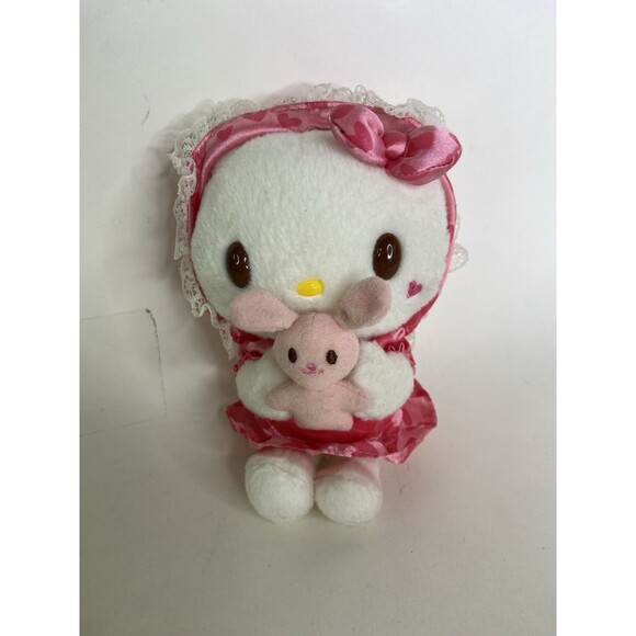 Sanrio Hello Kitty Plush Holding Mini Bunny Pink Heart Dress Bow Stuffed Toy